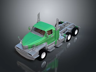 Green Semi Truck Model With Silver Cab And Black Wheels Design 3d model
