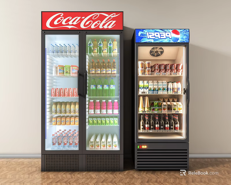 Beverage Refrigerators Filled With Coca Cola Pepsi And Assorted Bottled Canned Drinks 3d model