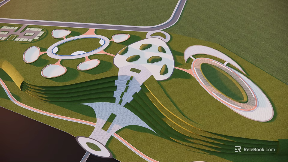 Modern Park Landscape With Rolling Green Lawns And Curved Geometric Structures 3d model 