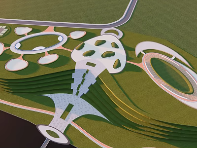 Modern Park Landscape With Rolling Green Lawns And Curved Geometric Structures 3d model