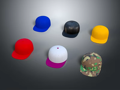 Assorted Color Baseball Caps Including Red Blue Black Yellow White and Camouflage 3d model