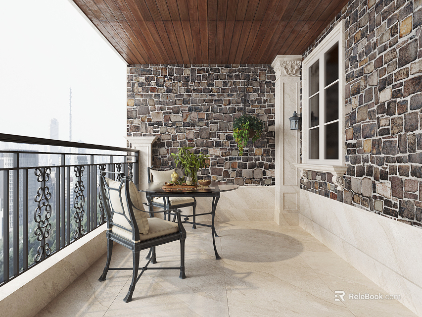 Cozy Home Balcony with Stone Wall Wooden Ceiling Railing Table Chairs and Green Plants 3d model 