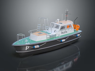 Wooden Pilot Boat With Ladder Railings Black Green Hull White Cabin And Orange Lifebuoy 3d model