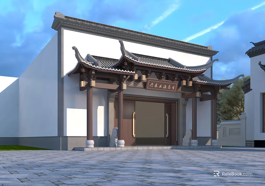 Ancient Chinese Traditional Architecture With Curved Eaves Tile Roof White Walls And Stone Steps 3d model 