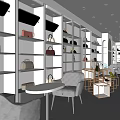 Modern Elegant Boutique with Glass Display Shelves Red Beige Handbags Gray Sofas White Round Tables