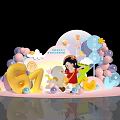 Colorful Children's Day Decoration Scene With Balloon Arch Rainbow And Cartoon Girl
