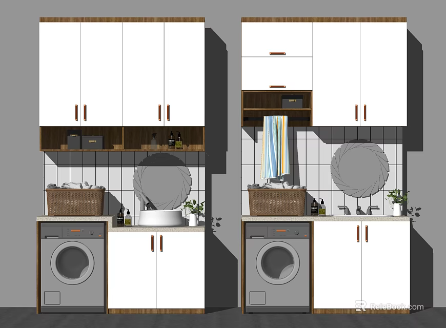 Modern White Bathroom Cabinet With Wooden Countertop Mirror Washing Machine And Potted Plants 3d model 