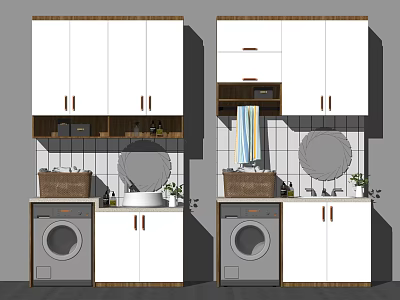 Modern White Bathroom Cabinet With Wooden Countertop Mirror Washing Machine And Potted Plants 3d model