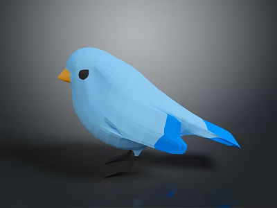 Low poly light blue bird with yellow beak and tail on gray background showing reflection 3d model