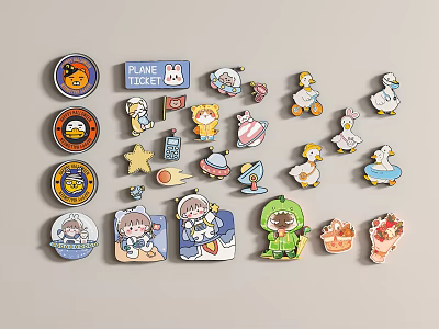 Cartoon Wall Decorations With Cute Animal Astronaut And Plane Ticket Badge Patterns 3d model