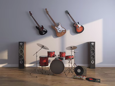 Wooden Floor Music Studio Setup With Hanging Guitars Drum Set Speakers And Vinyl Records 3d model
