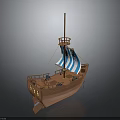 3D Rendered Wooden Sailing Ship With Blue And White Sail Tall Mast And Deck Details