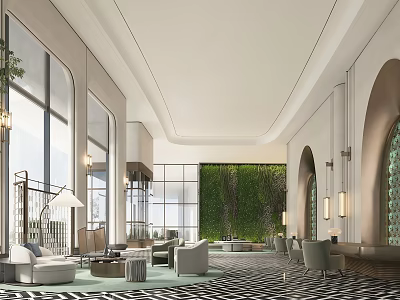 Modern Hotel Lobby Interior With Natural Light Green Living Wall Luxury Seating And Geometric Carpet 3d model