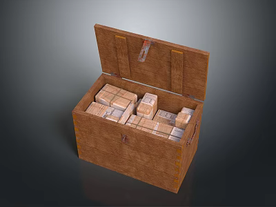 Open Wooden Storage Crate Filled With Stacked Small Cardboard Boxes 3d model