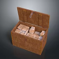 Open Wooden Storage Crate Filled With Stacked Small Cardboard Boxes