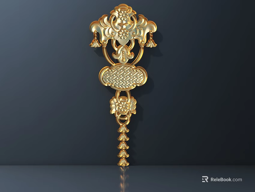 Golden Carved Ornament With Intricate Patterns And Tassel Design 3d model 