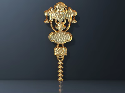 Golden Carved Ornament With Intricate Patterns And Tassel Design 3d model