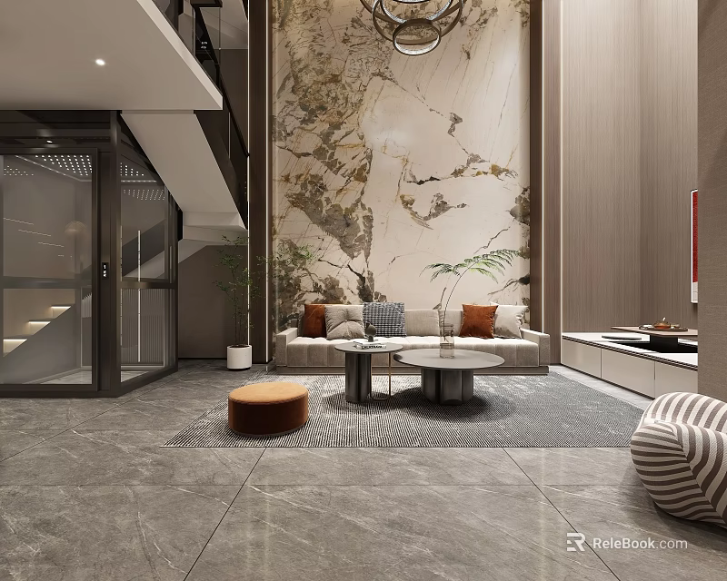 Modern Basement Interior Design With Open Layout Sofa Coffee Table And Marble Wall 3d model 