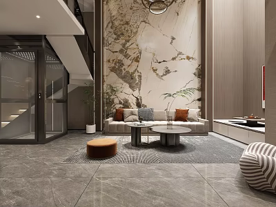 Modern Basement Interior Design With Open Layout Sofa Coffee Table And Marble Wall 3d model