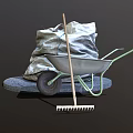 Gray Storage Bag Wheelbarrow with Dirt Rake and Circular Stone Slab 3d model
