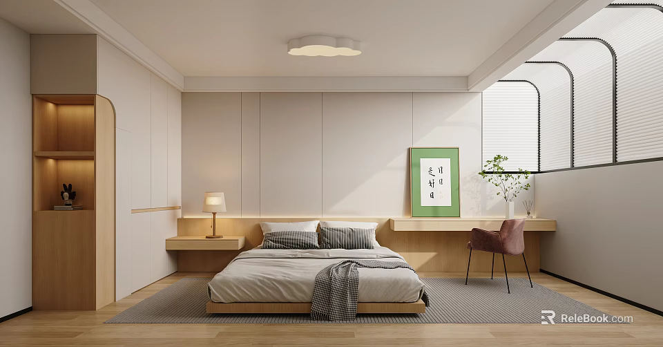 Modern Bedroom Interior With Light-Colored Walls Bedside Lamp And Green Framed Art 3d model 