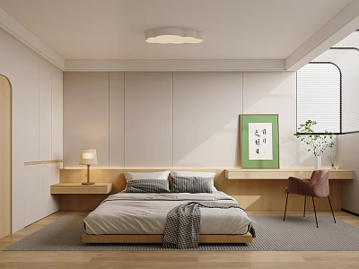 Modern Bedroom Interior With Light-Colored Walls Bedside Lamp And Green Framed Art 3d model