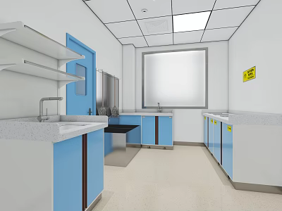 Modern Laboratory Interior With Blue Cabinets White Countertops Sinks Fume Hood And Stainless Steel Equipment 3d model
