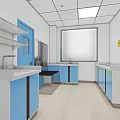 Modern Laboratory Interior With Blue Cabinets White Countertops Sinks Fume Hood And Stainless Steel Equipment