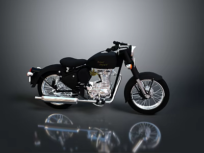 Classic Black Motorcycle Featuring Black Seat Silver Engine And Chrome Accents On Reflective Surface 3d model