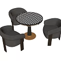 Round Black and White Checkered Table with Three Gray Upholstered Armchairs Set 3d model