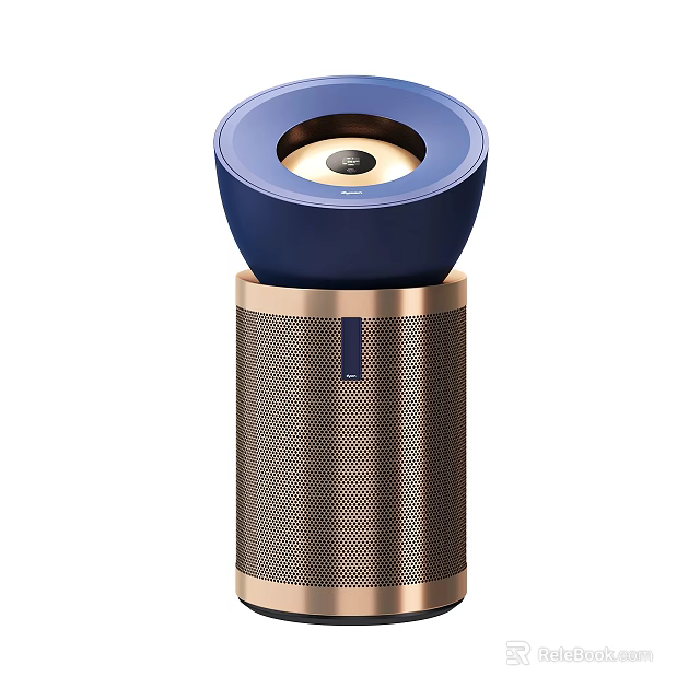 Modern Household Air Purifier With Blue Top Gold Accents And Metal Mesh Design 3d model 