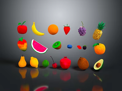 Fresh Assorted Fruits Including Apple Banana Orange Strawberry Pineapple Watermelon And Avocado On Reflective Surface 3d model