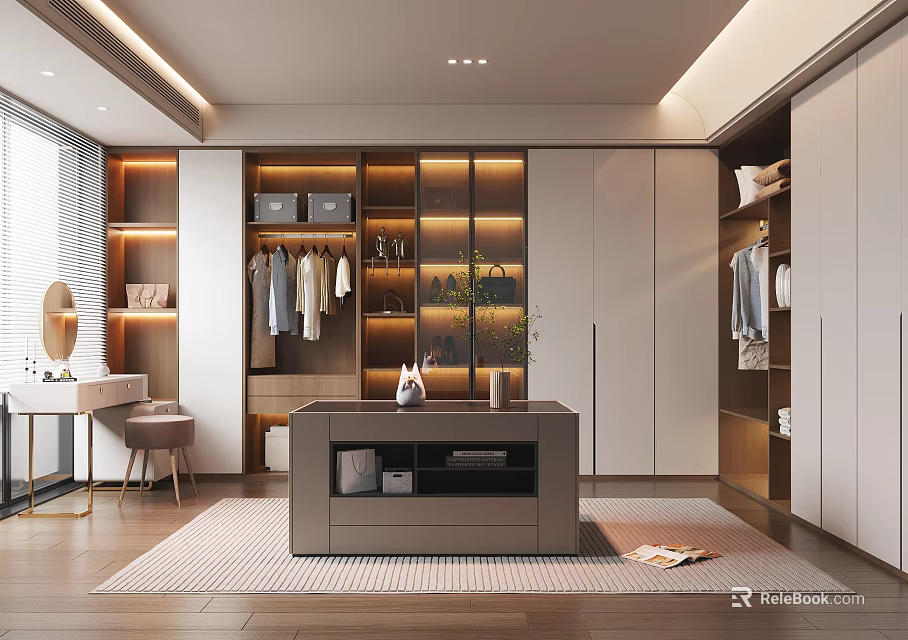 Modern Walk-in Closet Interior Design With Hanging Clothes Cabinets Dressing Table Mirror And Rug 3d model 
