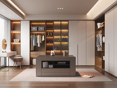 Modern Walk-in Closet Interior Design With Hanging Clothes Cabinets Dressing Table Mirror And Rug 3d model