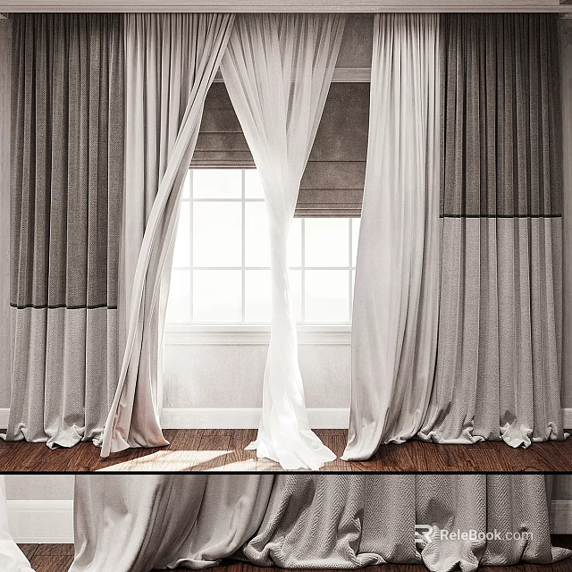 Elegant Layered Gray And White Curtains Draped Over Bright Window In Room 3d model 