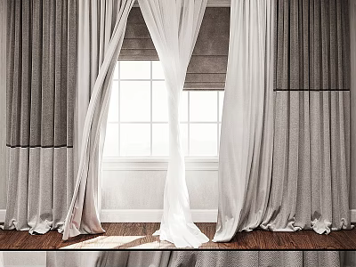 Elegant Layered Gray And White Curtains Draped Over Bright Window In Room 3d model