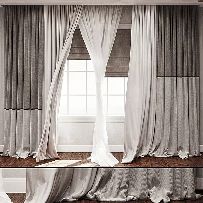 Elegant Layered Gray And White Curtains Draped Over Bright Window In Room 3d model