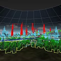 Futuristic City Architecture With Tall Skyscrapers Modern Design Flying Vehicles And Mountain Backdrop