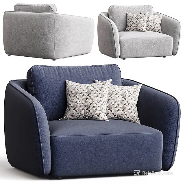 Modern Single Sofa With Navy Blue Fabric And Patterned Decorative Pillows 3d model