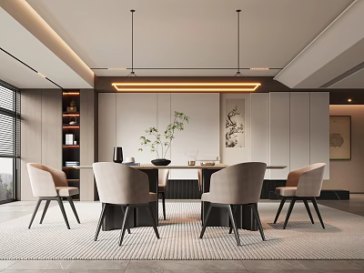 Modern Restaurant Interior With Dining Table Chairs Pendant Lights And Decorative Artwork 3d model