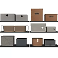Various Colored Storage Boxes On Wall Mounted Shelves For Home Organization