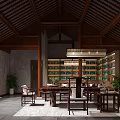Traditional Chinese Teahouse Interior With Wooden Beams Tea Shelves Green Plants And Round Decor