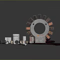 Engine Components Display Featuring Various Copper Windings Coils And Cylindrical Parts