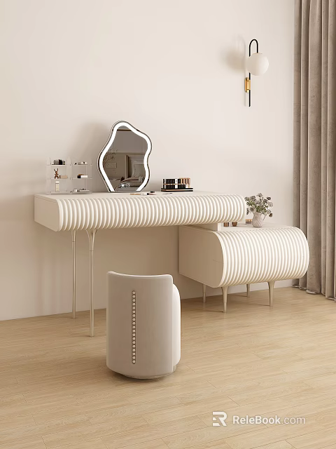 Modern Ribbed Design Dressing Table With Irregular Mirror Cosmetics Potted Plant And Chair 3d model 