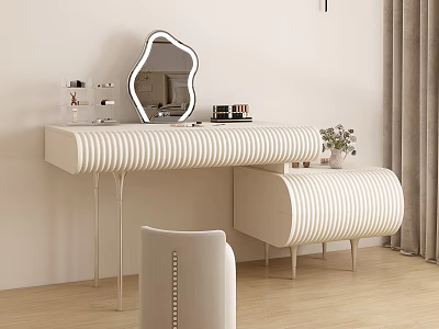 Modern Ribbed Design Dressing Table With Irregular Mirror Cosmetics Potted Plant And Chair 3d model