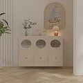Beige Side Cabinet With Three Round Doors Round Knobs And Decorative Vase Dolls Table Lamp 3d model