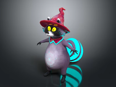 Cute Wizard Character Purple Raccoon Wearing Red Hat Yellow Eyes And Blue Striped Tail 3d model