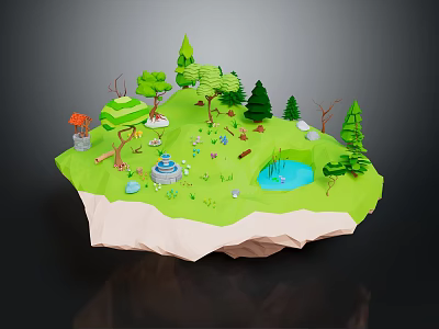 Cartoon Floating Island Scene With Green Meadow Trees Pond Mushroom House Flowers And Small Stones 3d model