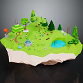 Cartoon Floating Island Scene With Green Meadow Trees Pond Mushroom House Flowers And Small Stones