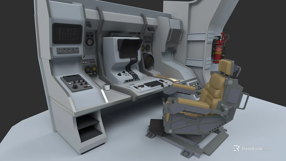 Ergonomic Armchair In Control Room With Console Panel Buttons And Equipment 3d model